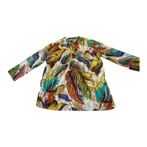 Life Style Split Neck Tunic Top Blouse Multicolor Tropical Leaf Print Size 1X - Picture 7 of 10